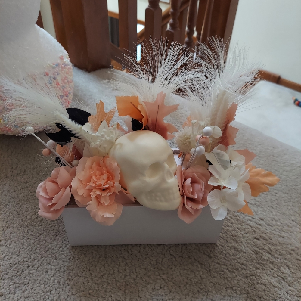 Elegant Faux Floral Skull Arrangement in Peach and White